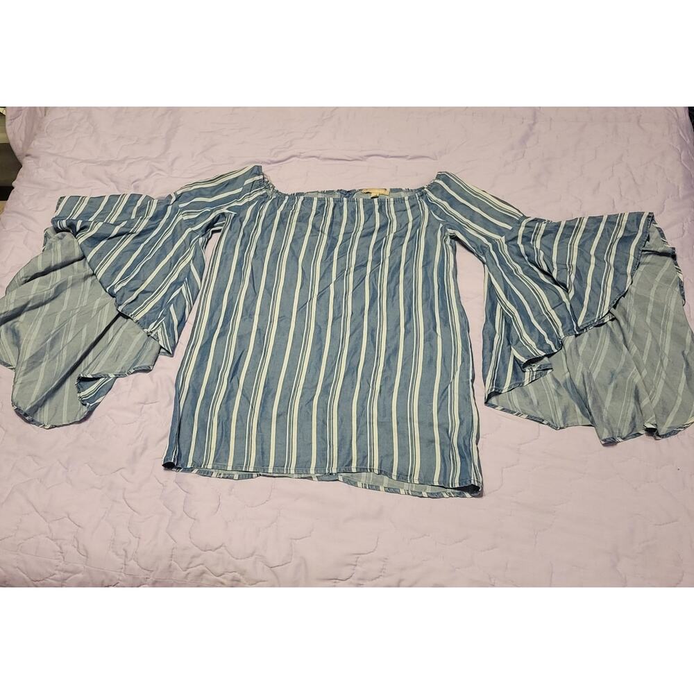 Appraisal Womens Blue Stripe Off Shoulder Shirt Flounce Bell Sleeve Imported Sm